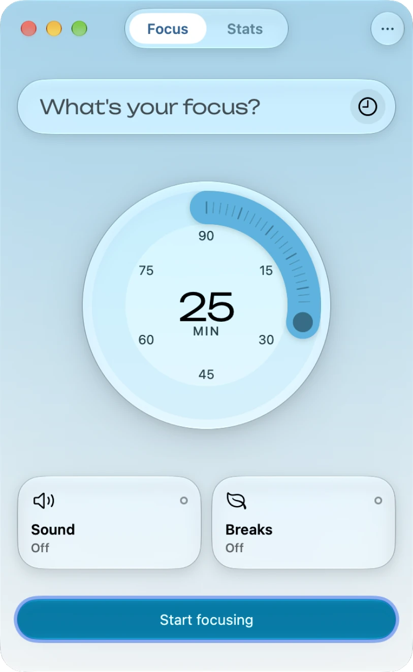 The Moment window on a Mac in the Ocean theme by day, with the Focus and Stats tabs, “What's your focus?” above the dial at 25 minutes, the Sound and Breaks cards and Start focusing.