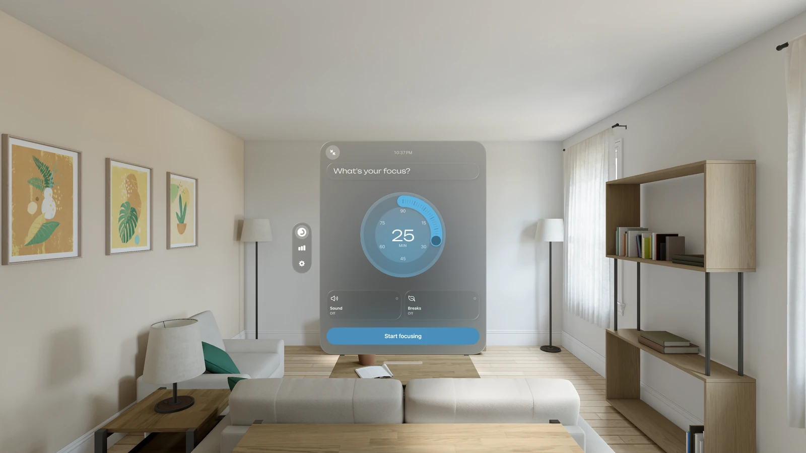 The Moment window in a living room, with “What's your focus?”, the dial at 25 minutes, Sound, Breaks and Start focusing, and the tab ornament at its left side.