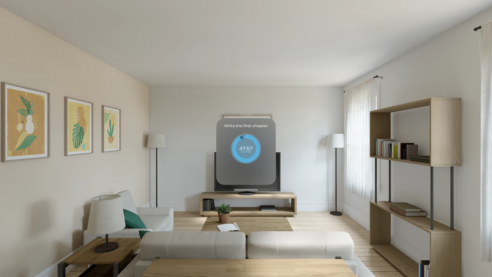 The floating timer in a living room, small in front of the television, a ring at 47:57 under the intention “Write the first chapter”.