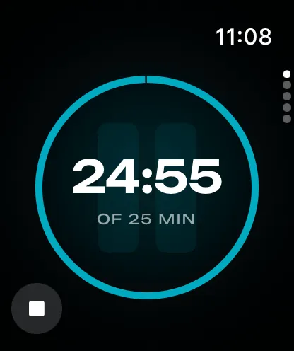 A session running on the Watch, 24:55 of 25 minutes left, the ring showing the time remaining.