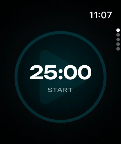 The dial on the Watch at 25:00, with Start beneath the time.