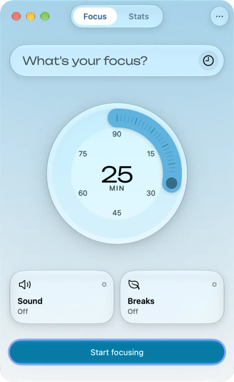 The Moment timer window on a Mac in the Ocean theme by day: the Focus and Stats tabs, “What's your focus?”, the dial at 25 minutes, the Sound and Breaks cards and Start focusing.