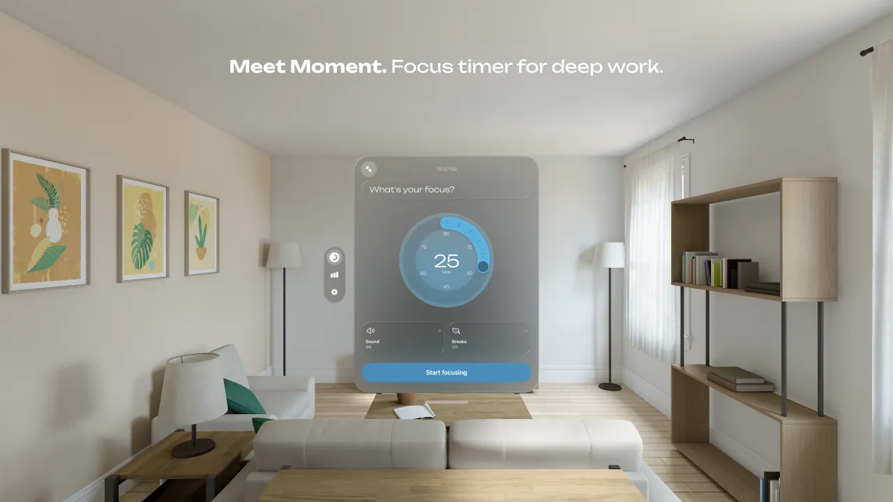 The Moment window in a living room on Vision Pro, with “What's your focus?”, the dial at 25 minutes and Start focusing, and the tab ornament at its left side.