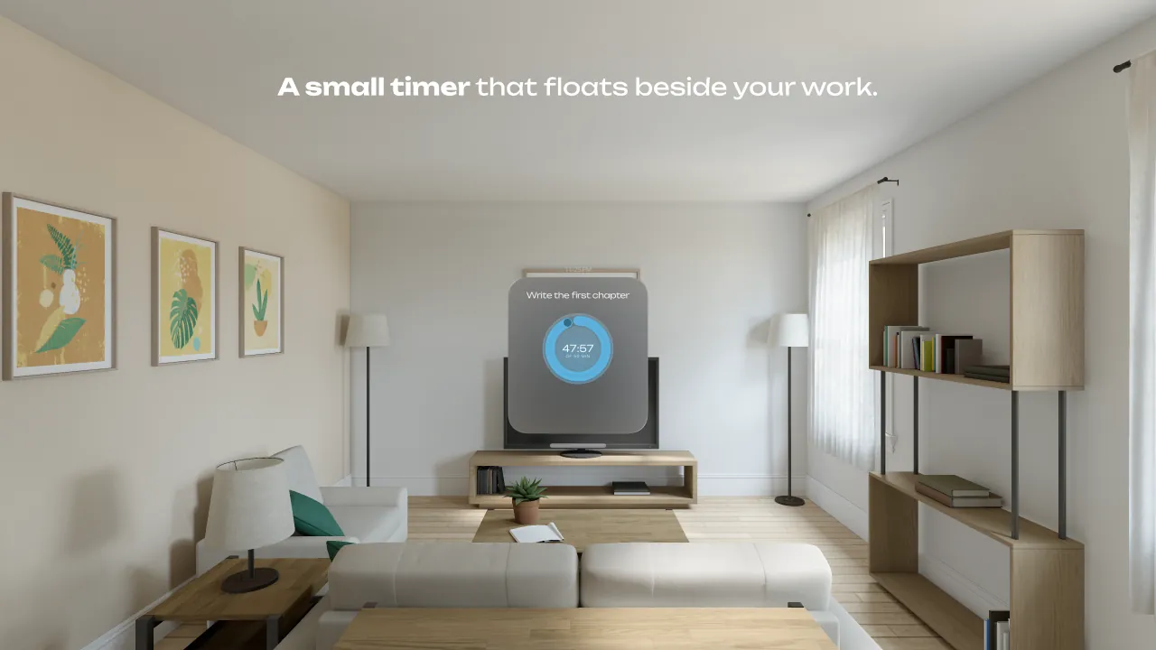 The floating timer in a living room on Vision Pro, small in front of the television, a ring at 47:57 under the intention “Write the first chapter”.